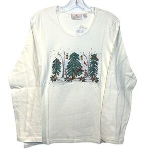 New Quaker Factory Womens Long Sleeve Shirt Snowy Cardinal Christmas Tree Size M